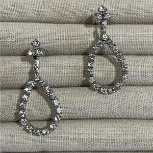 Screw back sparkling Rhinestone teardrop earrings, silver-tone prong set 1.5”